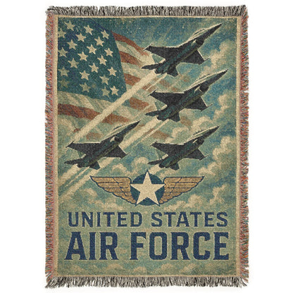 Woven blanket with United States Air Force design featuring airplanes and flag.