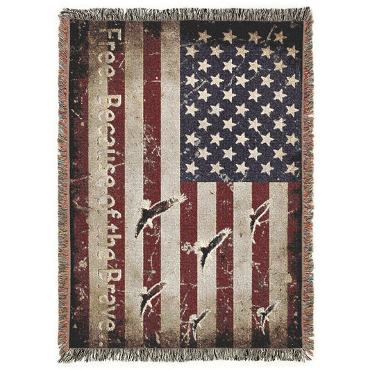 American flag-themed throw blanket with 'Free Because of the Brave' text on a white background