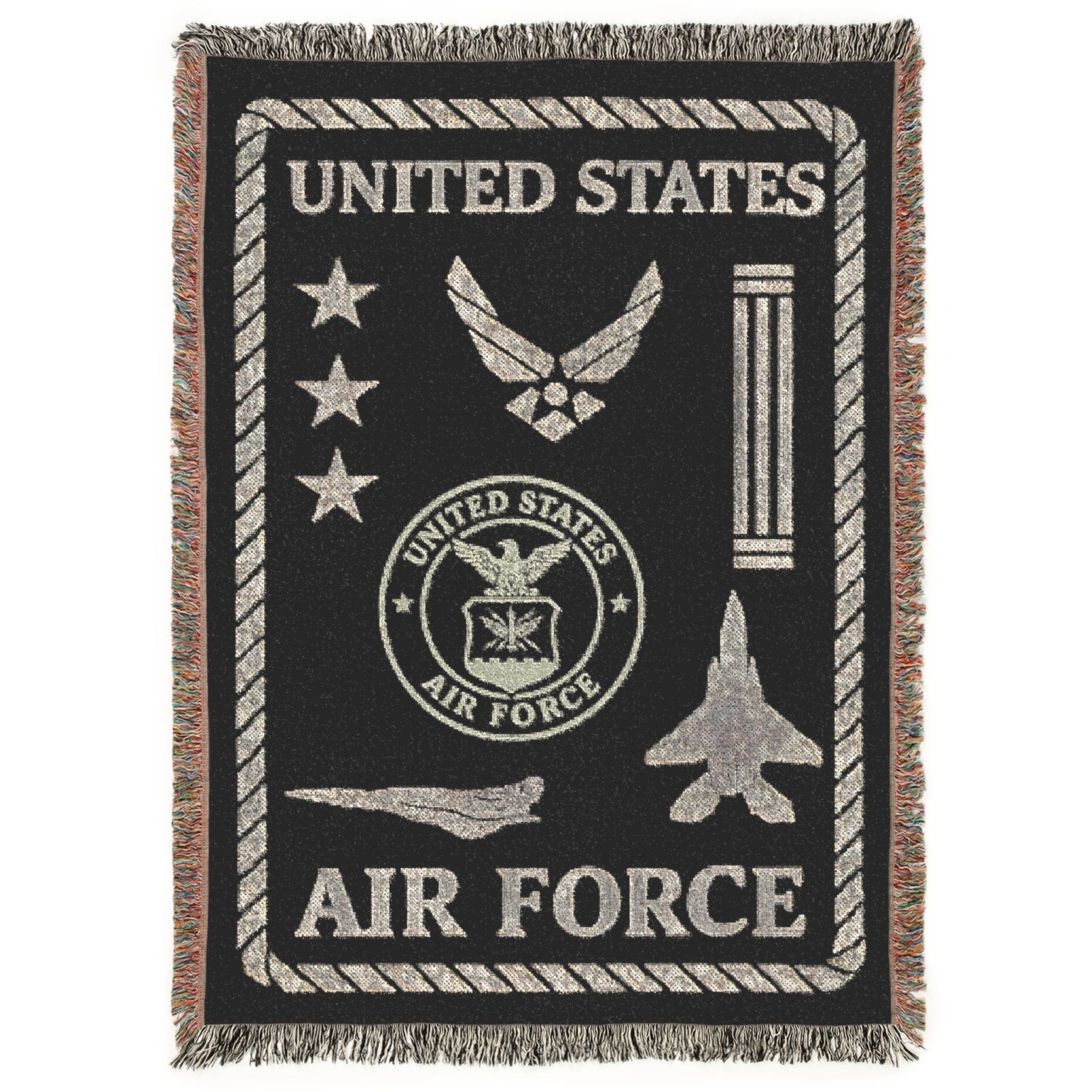 Woven blanket with United States Air Force symbols on a black background